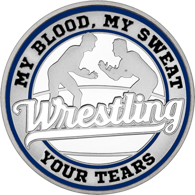 White "Wrestling" with Navy Blue Outer Circular Borders